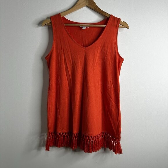 J Jill Zinnia Orange Linen Blend Tassel Fringe V-Neck Tank Top Sz S Boho Western - Picture 2 of 10